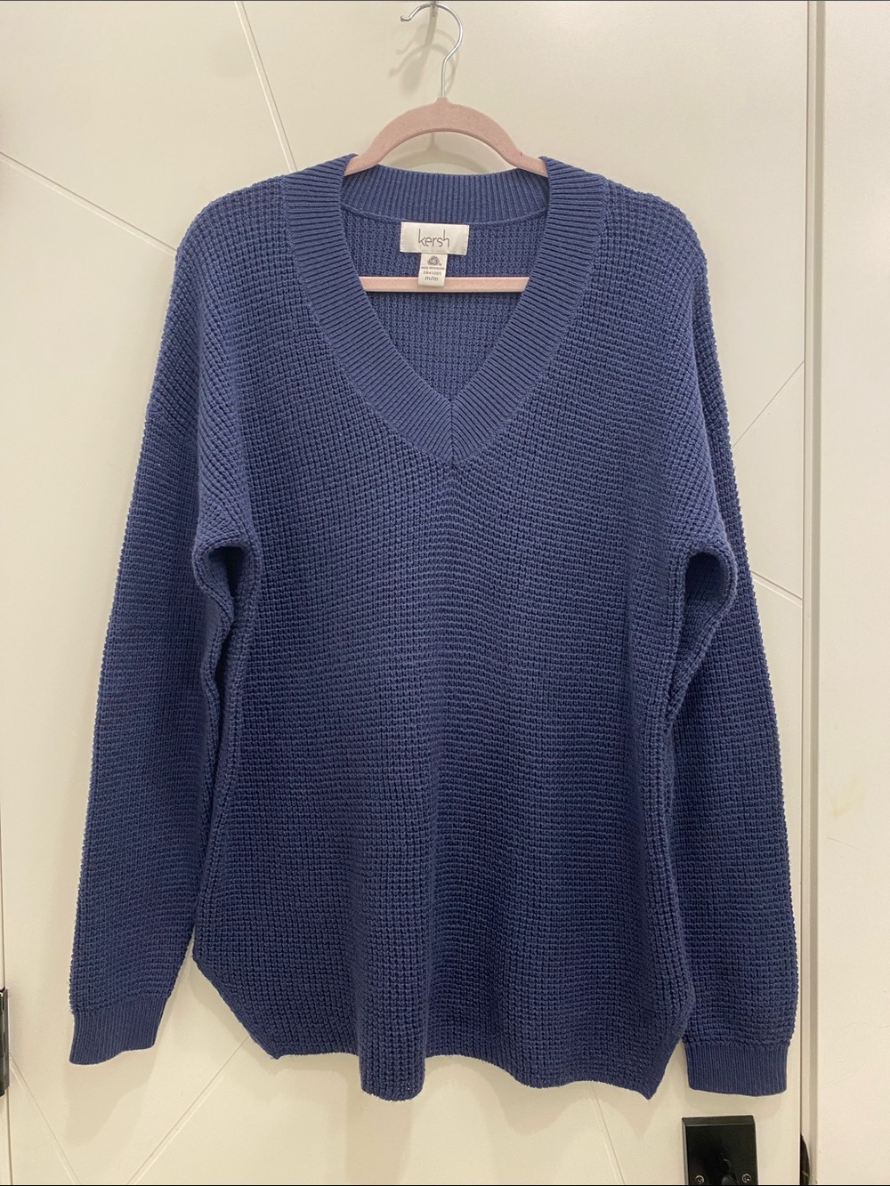 Kersh Merino Wool Blend Deep Blue V-Neck Textured Knit Sweater Women’s Size M